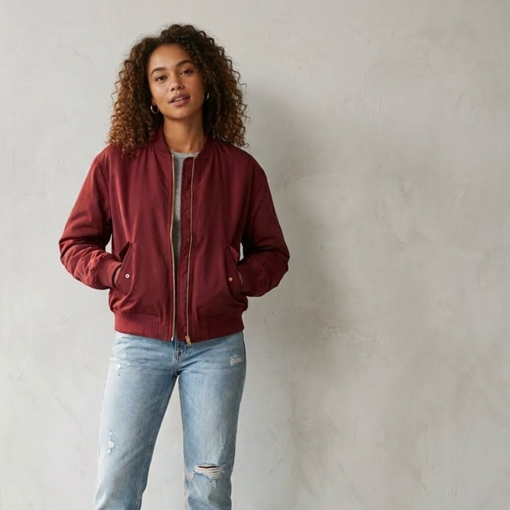 Retro Bomber Jacket with Ruching in Red and Gold by Monki